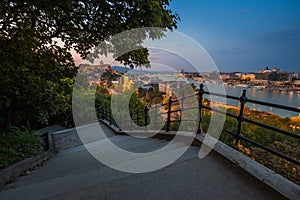 Budapest, Hungary - Staircase on the Gellert Hill. Beautiful view of Budapest at dusk with Buda Castle Royal Palace