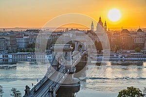 Budapest Hungary, sunrise city skyline at Danube River with Chain Bridge