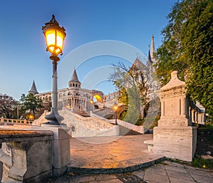 Budapest, Hungary - Sunrise at the entrance of Fisherman`s Bastion halaszbastya with street-lamp