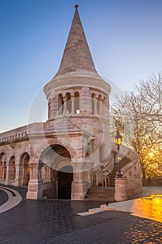 Budapest, Hungary - Sunrise at the entrance tower of the Fisherman`s Bastion Halaszbastya at autumn