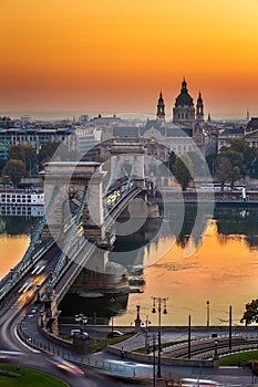 Budapest, Hungary - Sunrise over Budapest, with Szechenyi Chain Bridge Lanchid