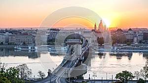 Budapest Hungary sunrise time lapse at Danube River with Chain Bridge