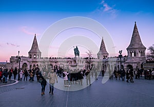 People visiting Fisherman`s Bastion at Budapest at sunset