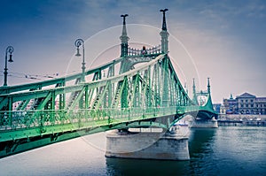 Budapest, Hungary. Szabadsag Bridge crossing the Danube River, connecting Buda and Pest