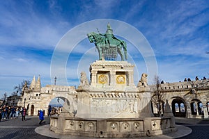 Budapest, Hungary - 01.23.2023: szent Istvan Saint Stephen statue in the fisherman bastion in Budapest Hungary