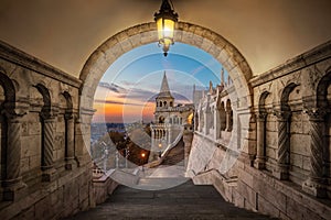 Budapest, Hungary - View on the ancient Fisherman`s Bastion Halaszbastya at sunrise