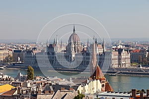 Budapest. Hungary. A view of the city and the building of parliament in the center of composition.