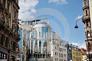 Budapest, Hungary - view of a street and characteristic modern glass building in the city center