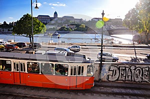 The Budapest Metro by the Danube River in Budapest, Hungary.