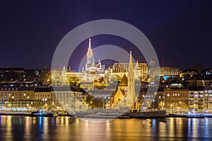 Budapest by night from danube river, Hungary