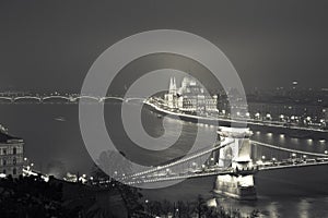 Budapest At Night, Hungary, View On The Chain Bridge and the Par