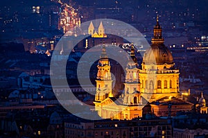 Budapest night panorama with St Stephen's Basilica