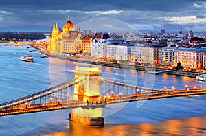 Budapest, night view of Chain Bridge on the Danube river