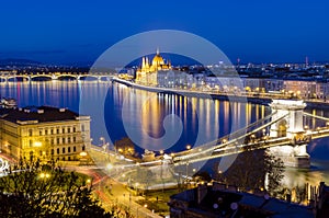 Budapest, night view on Danube, Parliament and Chain Bridge