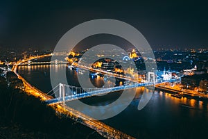 Budapest at Nighttime with the Parliament and with many Bridges