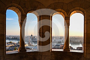 Budapest panorama - hungarian capital viewed through Fishermen`s Bastion