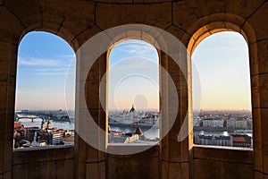 Budapest panorama - hungarian capital viewed through Fishermen`s Bastion