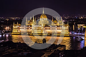 Budapest Parliament building in Hungary at twilight.