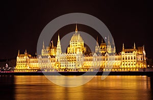 Budapest parliament building at night, long exposure. Hungarian Parliament building and Danube River in the Budapest city at night