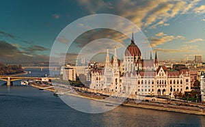 Budapest parliament building in sunset view with river Danube an capital of Hungary