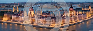 Budapest Parliament, Hungary, a majestic building on the banks of the Danube River, decorated with Gothic elements