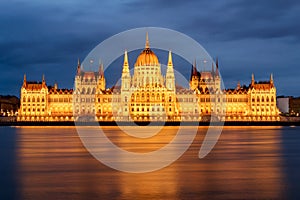 Budapest parliament at night with cloudy sky