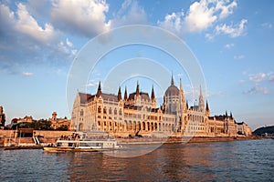 Budapest Parliament. view of the building. sunset and Danube river