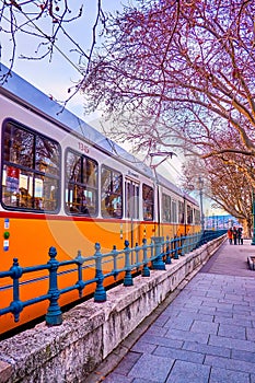 Budapest\'s yellow trams are the popular tourist attractions on the central district, Hungary