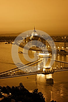 Budapest skyline at night.