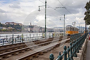 Budapest tram on station infront parliment