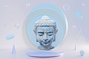 Buddah 3D neon glass geometric shapes hover in the corner of the room, Zen Yoga 3d illustration