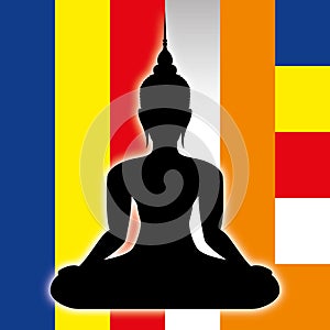 Buddah symbol silhouette and buddist flag