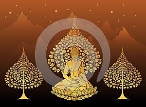 Buddha and Bodhi tree gold color of thai tradition,vesak day photo