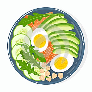 Buddha bowl with avocado, salmon, cucumber, eggs, chickpeas, rucola, isolated. Top view. Vector hand drawn illustration.