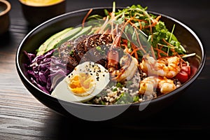 Buddha bowl with fresh greens, roasted vegetables, quinoa and lentils.