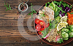 Buddha bowl lunch with grilled chicken and quinoa, tomato, guacamole