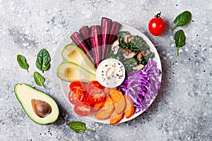 Buddha bowl with roasted butternut, hummus, cabbage. Healthy vegetarian appetizer or snack platter. Winter veggies detox lunch photo