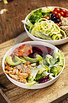 Buddha bowl salads on a wooden table