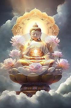 buddha in buddhism sits on a cloud surrounded by pink lotus generative AI