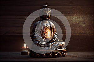 Buddha with a candle over wooden background