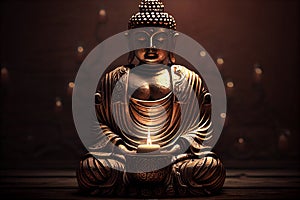 Buddha with a candle over wooden background. Spiritual and meditative concept