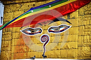 Buddha eyes or Wisdom eyes at Swayambhunath Temple or Monkey Temple