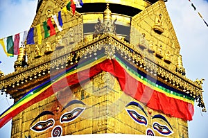 Buddha eyes or Wisdom eyes at Swayambhunath Temple or Monkey Temple