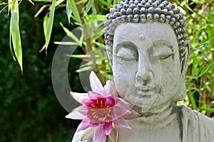 Buddha face, lotus flower and bamboo