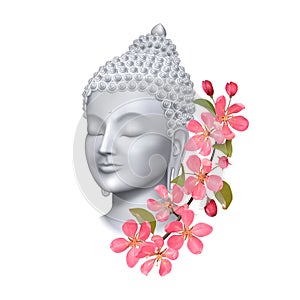 Buddha face with pink cherry flowers print