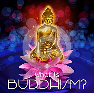 Buddha figure in lotus flower on water and text What Is Buddhism
