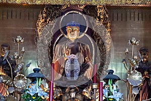 Buddha with golden face and blue hairs on altar in old Chinese Kofukuji-Temple, Nagasaki, Japan.