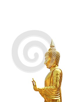 Buddha golden standing, Statue of the Buddha Stand Beautiful gold isolated on white background and copy space for banner