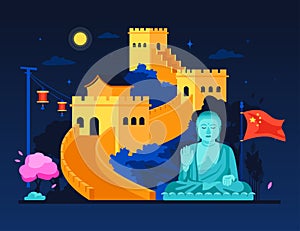 Buddha and the Great Wall of China - colored vector illustration