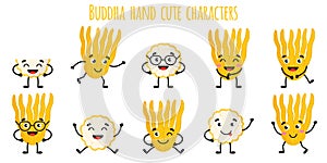 Buddha hand citrus fruit cute funny cheerful characters with different poses and emotions